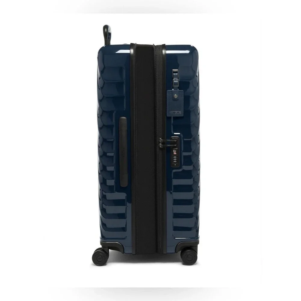 Tumi Large Expandable Checked Glossy Navy Hard-Shell Spinner Luggage suitcase